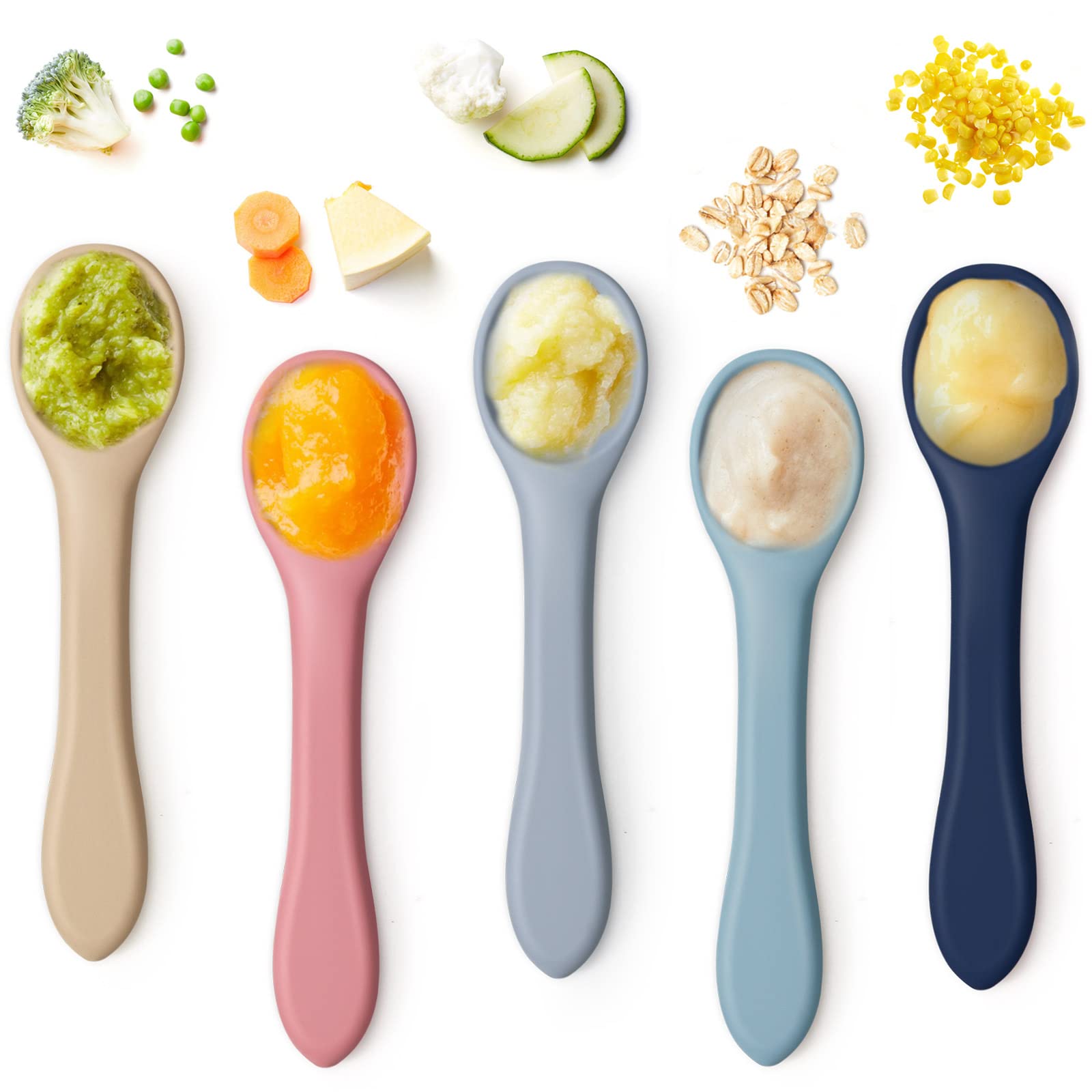 5 Pieces Baby Spoons Silicone Baby Spoons Infant Baby Feeding Spoons Soft Silicone Baby Spoons Bendable Baby Food Spoon Toddler